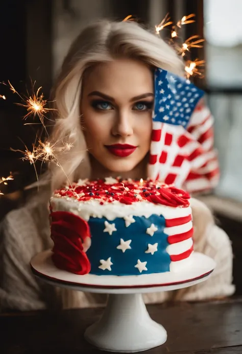 A photo of a beautifully decorated cake with red, white, and blue frosting, topped with American flag decorations and sparklers.,original,Long blonde hair, blue eyes, thin, a lot of makeup, tries to look younger than she is, likes beige clothes, modest clo...