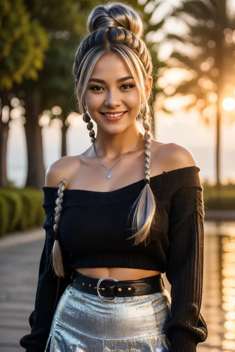 Sunset Park,the actress is a very beautiful woman. bobbin lace ruffle mini skirt,Sexy face, Belt bag, Big Baggy Bobbin Lace V-Neck Off-Shoulder Sweater . Happy smile.Sexy face,  (Silver hair、Ponytail twisted buns adorned with elaborate braids and beads,Bra...