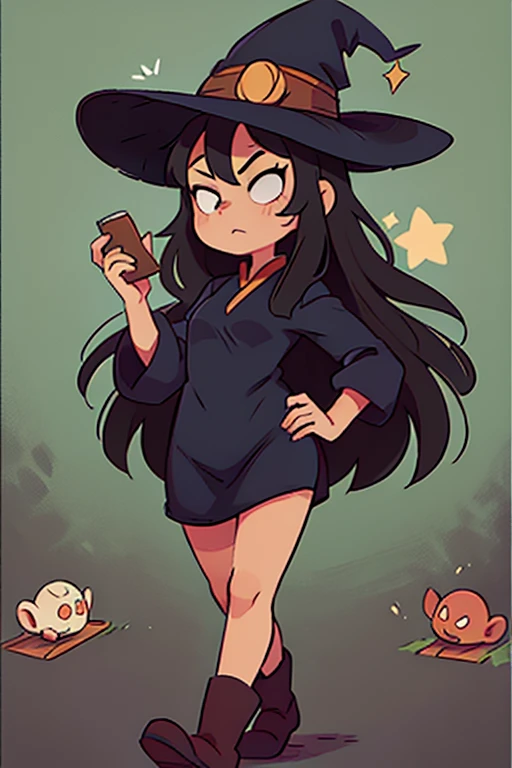 Asian woman with long black hair dressed as witch with star prints