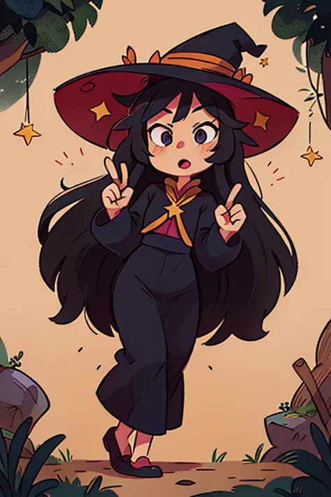 Asian woman with long black hair dressed as witch with star prints