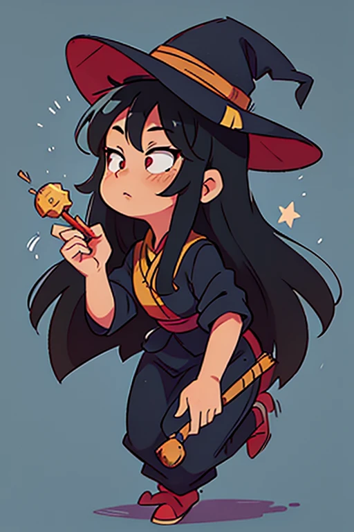 Asian woman with long black hair dressed as witch with star prints