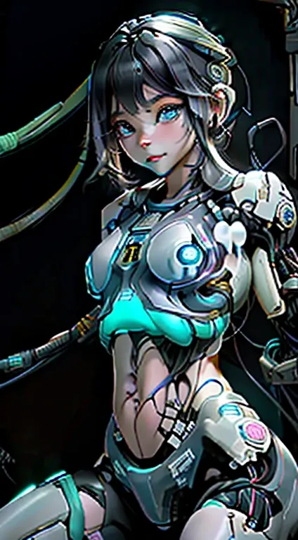 Generates an image of a girl-like android made up of a large amount of cables and wires、extremely delicate and beautiful、the detailed images、​masterpiece、life-like、((My stomach is going to rip、exposed cables and wires......:1.5)).、Cables and wires connecte...