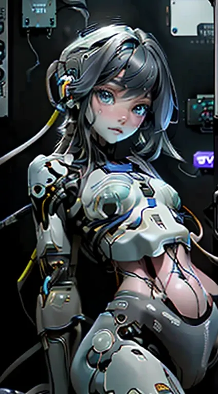 Generates an image of a girl-like android made up of a large amount of cables and wires、extremely delicate and beautiful、the detailed images、​masterpiece、life-like、((My stomach is going to rip、exposed cables and wires......:1.5)).、Cables and wires connecte...