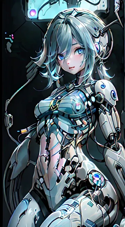 Generates an image of a girl-like android made up of a large amount of cables and wires、extremely delicate and beautiful、the detailed images、​masterpiece、life-like、muscles exposed、((Torn stomach exposed cables and wires......:1.5)).、Cables and wires connec...