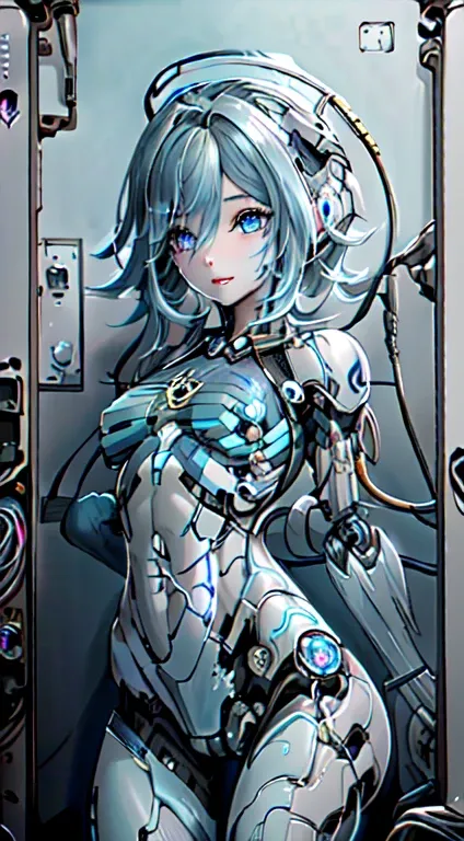 Generates an image of a girl-like android made up of a large amount of cables and wires、extremely delicate and beautiful、the detailed images、​masterpiece、life-like、muscles exposed、((Torn stomach exposed cables and wires......:1.5)).、Cables and wires connec...