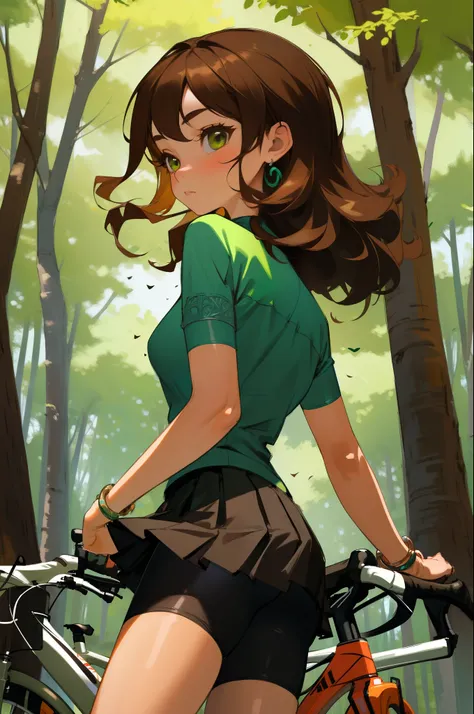 (masterpiece), (best quality), (ultra-detailed), intricate detail,reno-prcn, 1girl,solo,bike shorts under skirt,brown hair,green eyes,hair rings,forest,