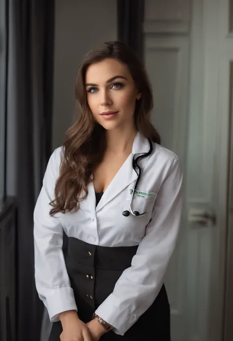 arafed female doctor in a white lab-coat and blouse and a necklace, standing in a clinic, sexy girl with green eyes, portrait sophie mudd, brown hair and large eyes, selfie of a young woman, bedroom eyes, violet myers, without makeup, natural makeup, looki...