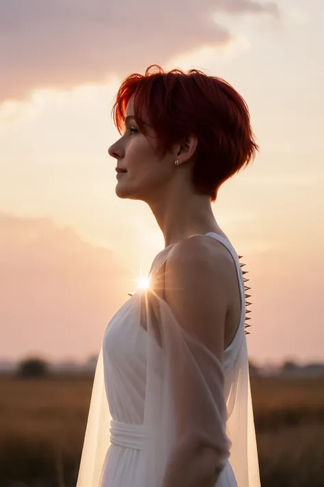 professional portrait of a ((short-spiky-red-hair) ) 60-year-old ((matured woman)), with soft (wrinkled skin), looking at us from half-profile, peaceful feelings on her face, wearing (angel-like) (long delicate elegant white dress), she is levitating the (...