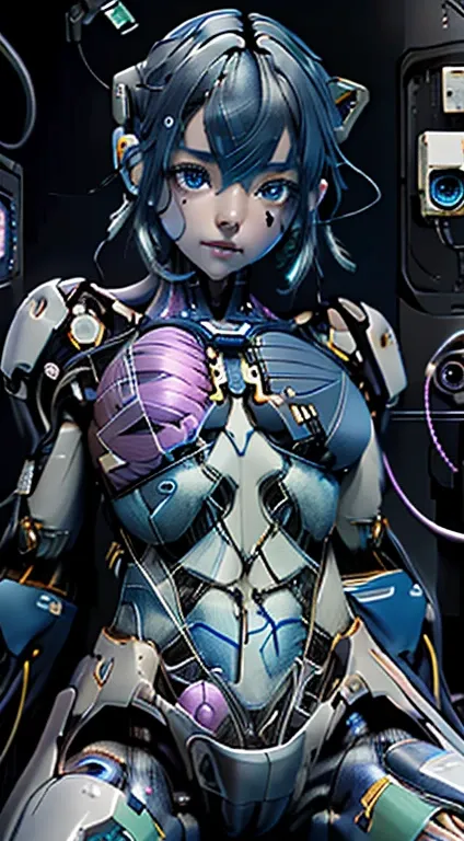 Generates an image of a girl-like android made up of a large amount of cables and wires、extremely delicate and beautiful、the detailed images、​masterpiece、life-like、muscles exposed、((Torn abdomen exposing cables and wires......:1.5)).、Cables and wires conne...