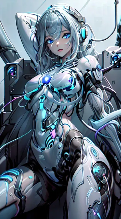 Generates an image of a girl-like android made up of a large amount of cables and wires、extremely delicate and beautiful、the detailed images、​masterpiece、life-like、Exposed muscles、((Abdomen splits exposing cables and wires......:1.5)).、Cables and wires con...