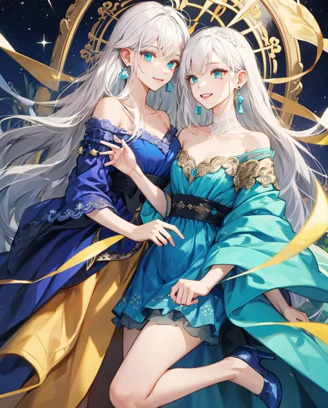 realdosmix、de pele branca、White hair、shoulder-length hair、With bangs、with braiding、Beautiful turquoise eyes、dual、Moles under both eyes、a small face、Cute face、ssmile、Slender body type、Moderate breasts、star earrings in ears、off shoulder blue velvet dress、Wit...