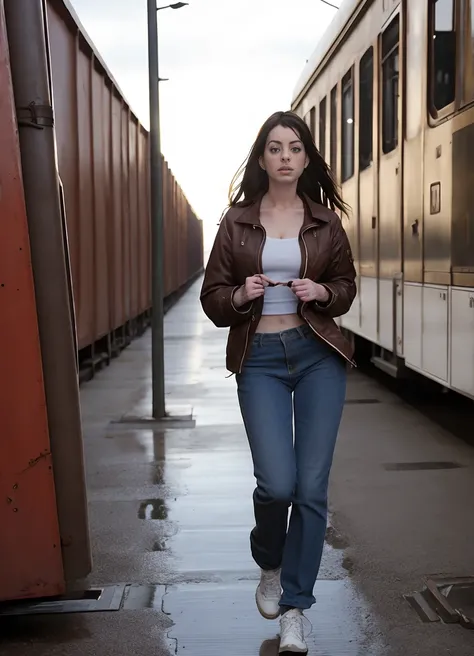 Paparazzi photo of athletic ANNE HATHAWAY, escasamente vestida (SKS Mujer:1) , 35 year old, vistiendo chaqueta militar y pantalones cargo, Epic character composition, foco nítido, natural  lighting, Subsoil Scatter, F2, 35mm, Film grain, , por Andreas Gurs...