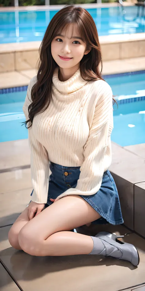 25 years old women, black wavy long hair、bangss、(tight white turtleneck sweater), Puffy nipple、Denim skirt,Medium milk, cute smile face、(((Sit on one knee upright、opens legs)))、(Emphasis on the chest)、sexy hips、high-heels、pool with sea view、Sit by the pool...