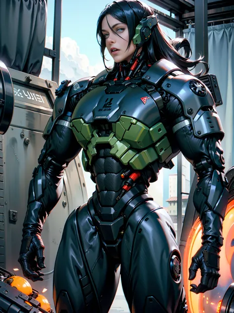 photorealistic, high resolution, 1 super muscular women, mature muscular female, solo, hips up, robot, anatomically perfect woman, carbon fiber, tactical, black metal, wiring,glowing eyes,artificial muscle,exposed machinery, full robot body