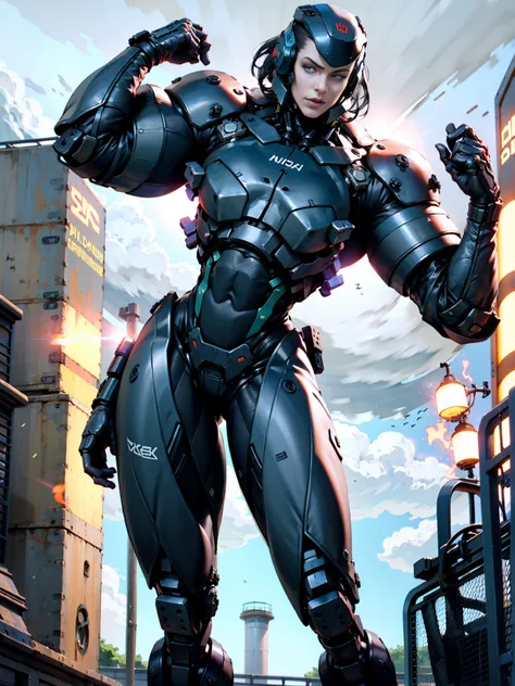 photorealistic, high resolution, 1 super muscular women, mature muscular female, solo, hips up, robot, anatomically perfect woman, carbon fiber, tactical, black metal, wiring,glowing eyes,artificial muscle,exposed machinery, full robot body