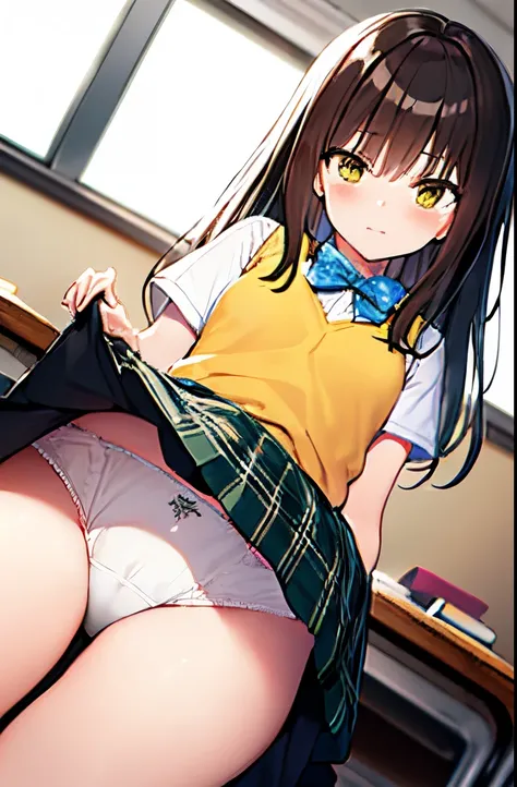 kotegawayui, yui kotegawa, black hair, (brown eyes:1.5), long hair,
BREAK green skirt, plaid, plaid skirt, sainan high school uniform, school uniform, skirt, sweater vest, (yellow sweater:1.3), short sleeves,
BREAK looking at viewer,
BREAK indoors, classro...