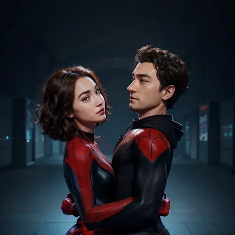 Art of a couple embracing in the animation style of the film Spider-Verse