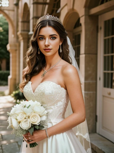 photography of a stunning girl, bride, natural bust, wavy hair, bright garden, looks into the camera, symmetrical eyes, symmetrical face, photorealistic, photography, path tracing, specular lighting, volumetric face light, path traced hair, visible shadows...