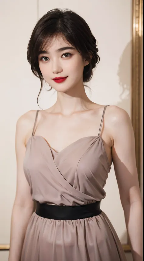 114
(a 20 yo woman,is standing), (A hyper-realistic), (high-level image quality), ((beautiful hairstyle 46)), ((short-hair)), (Gentle smile), (brest:1.1), (lipsticks)