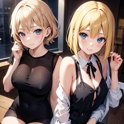 2D anime style、lo fashion、Adults、Blonde shorthair、Beautuful Women