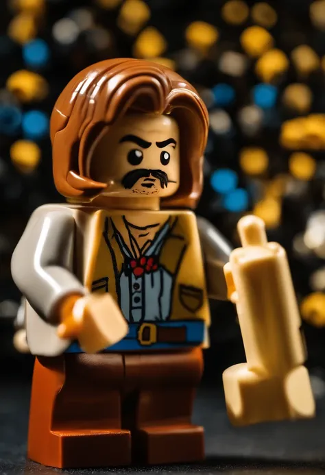 A photo of the character creating a miniature replica of an iconic anime scene using lego bricks.,original,skinny, bad skin, long hair, greasy hair, ferrety face, wispy moustache