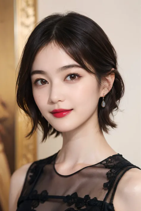 114
(a 20 yo woman,is standing), (A hyper-realistic), (high-level image quality), ((beautiful hairstyle 46)), ((short-hair)), (Gentle smile), (breasted:1.1), (lipsticks)