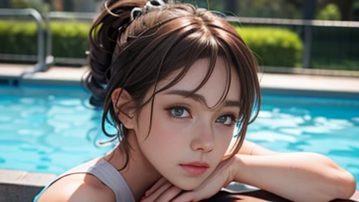 sitting in thunderbolt pose next to the pool, blue eyes, light brown hair, alone girl, detailed, realistic fingers, high texture hands, tank top, side view,