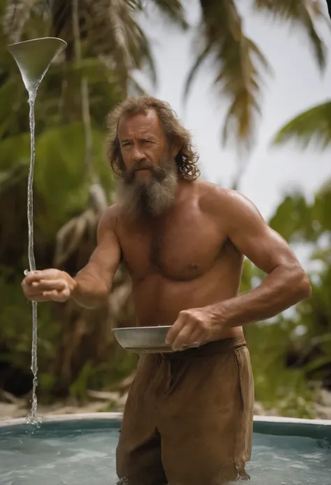 A snapshot of a hand-built solar still distilling water from seawater,Cast Away (2000),Chuck Noland, portrayed by Tom Hanks in the film “Cast Away,” is currently stranded on a deserted island in the Pacific Ocean.  Sunburnt and bearded, with long, unkempt ...