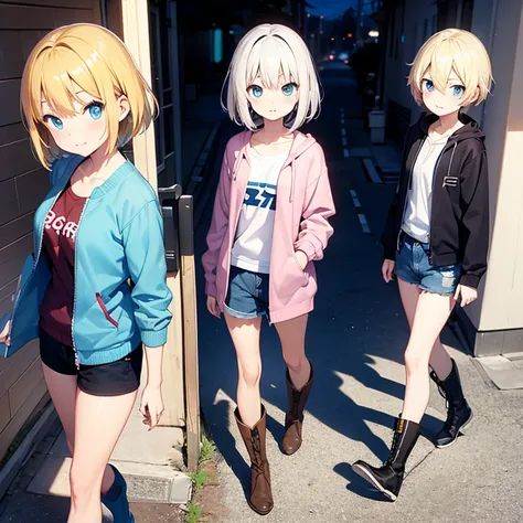 2D anime style、Blue eyes、Adults、Blonde shorthair、beauty shorts、knit、jaket、boots、full bodyesbian、TOKYOcty、Walking