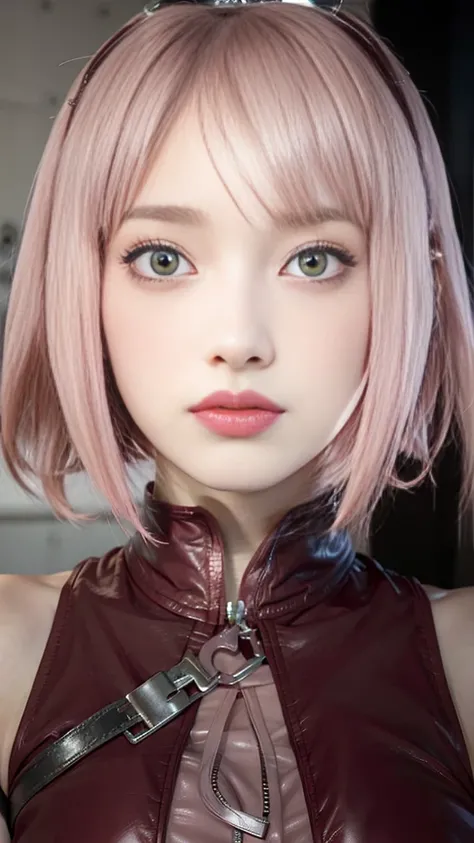 young woman, porcelain skin, short pale pink hair, pink eyebrows, buttoned nose, thick peach lips, heart-shaped face, wide forehead, red leather clothing, Sakura Haruno, realism, 3d