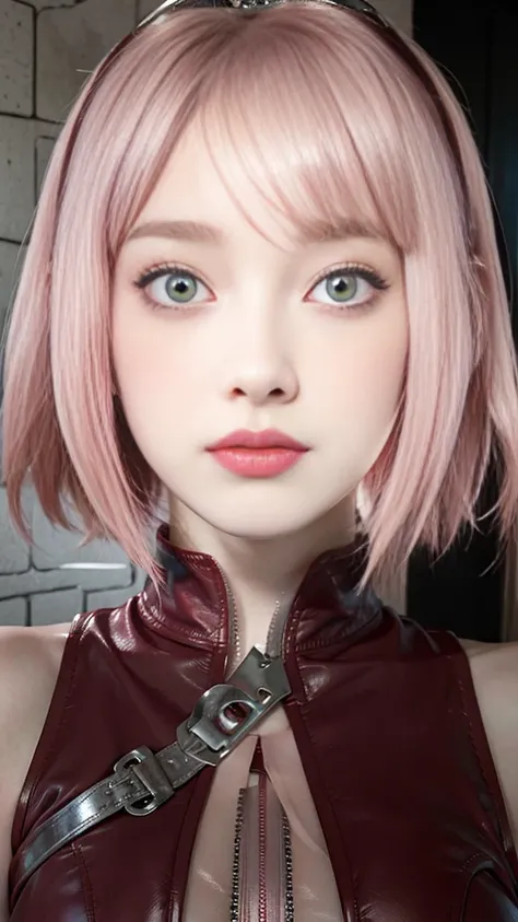 young woman, porcelain skin, short pale pink hair, pink eyebrows, buttoned nose, thick peach lips, heart-shaped face, wide forehead, red leather clothing, Sakura Haruno, realism, 3d