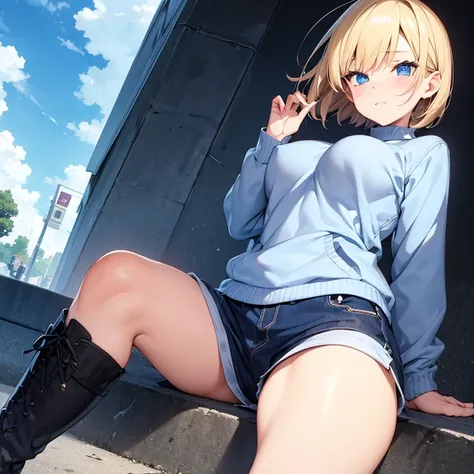 2D anime style、Blue eyes、Adults、Breasts are large、Blonde shorthair、beauty shorts、knit、jaket、boots、full bodyesbian、TOKYOcty、Walking