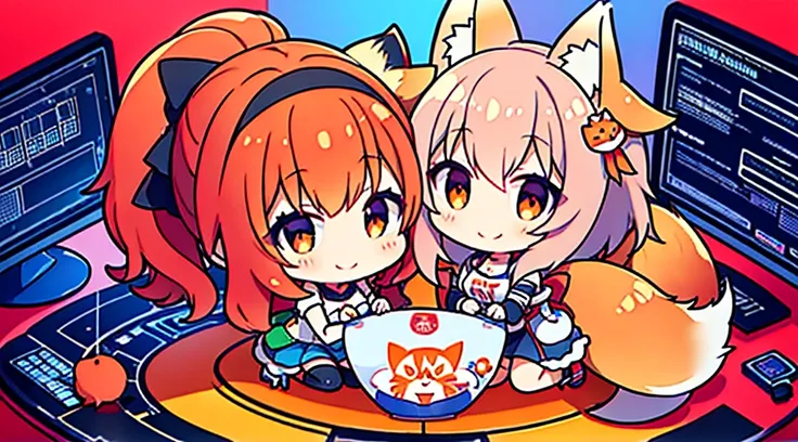 A anime logo of A network pc and two small fox girl engineer repairing it with a smile