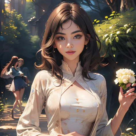 (Extremely detailed 8k wallpaper:2), (photo:2), (24 years old soigne Beautiful girl:2), (gives a lecture to friends:2), detailed (Face and eyes), (hyper realistic:1), (highly detailed:1), (epic realistic:1), rim light, (maximum details:1), cozy, (fullbody:...