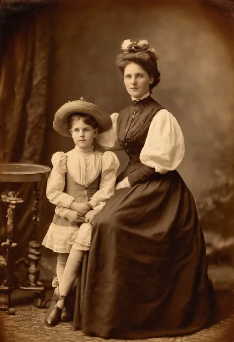 an old photo of a woman and a child posing for a picture, wearing 1890s era clothes, 1900s photograph, 1 9 0 0 s photograph, european woman photograph, early 1 9 0 0s, 1905, 1 9 0 5, 1902, 1 9 0 0s photo, 1 9 0 2