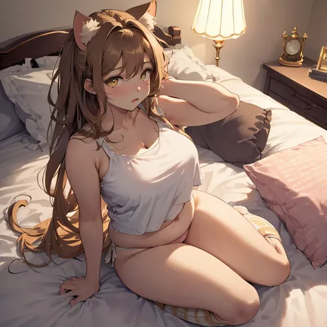 Masterpiece, best quality, ((((Solo)))), (Brown haired girl with long messy hair), (((messy hair))), ((beautiful gold eyes)), detailed eyes, (beautiful eyes), (((curvy hips))) (C Cups), (mature face), ((chubby)), (long pink pajama pants), (white tank top),...