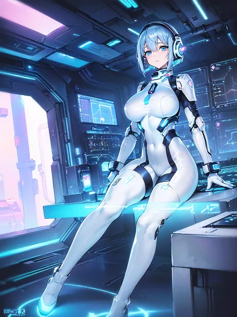 ​masterpiece:1.4, 1girl in ((20yr old, Wearing a futuristic white and silver costume, Tight Fit Bodysuit, long boots, Very gigantic-breasts, (Colorful blue hair):1.3, a short bob, Perfect model body, Blue eyes:1.2, Wearing headphones, Looking out the windo...