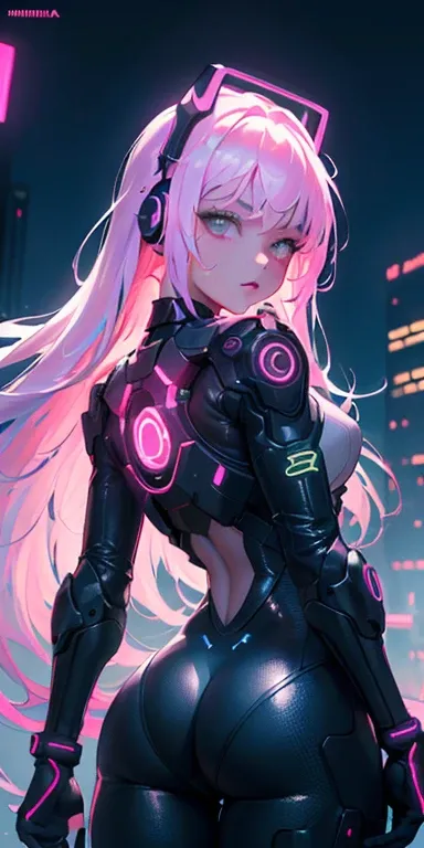 qualidade superior))、((obra prima)、Close-up de pessoas、Emphasis on the glute、cyberpunk、oversized buttocks、Electronic visor attached to 12-year-old girls face with emphasis on buttocks、moda cyberpunk、pose sexy、(Vestindo spats de corpo branco na parte inferi...