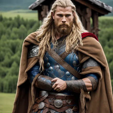 thor, viking, brown fur cape, blonde long hair, blue eyes, strong arms, white skin, viking house, wood house, grass, tribal tattoos, male face, tall male, axe