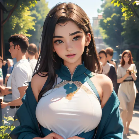 (Extremely detailed 8k wallpaper:2), (photo:2), (26 years old soigne Beautiful girl:2), (gives a lecture to friends:2), detailed (Face and eyes), (hyper realistic:1), (highly detailed:1), (epic realistic:1), rim light, (maximum details:1), cozy, (fullbody:...