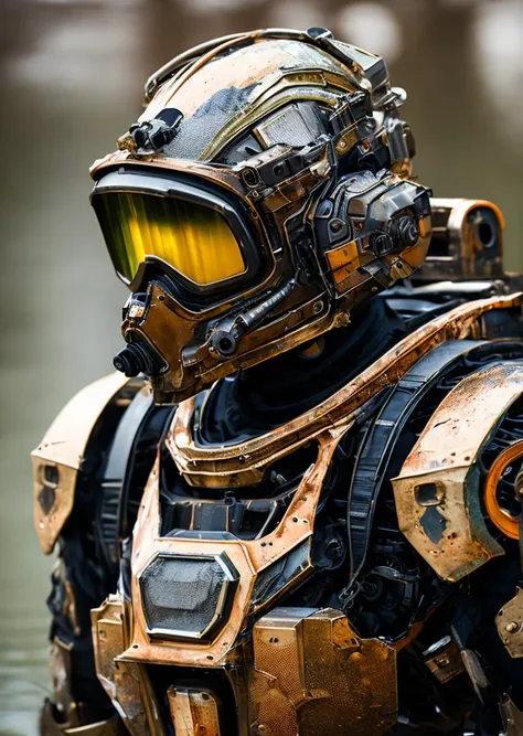 Portrait photo of transparent camo worn mech suit, ((light bokeh)), intricate, ((translucent) liquid water [rust]), elegant, sharp focus, photo by greg rutkowski, soft lighting, vibrant colors, masterpiece, ((streets)), detailed face