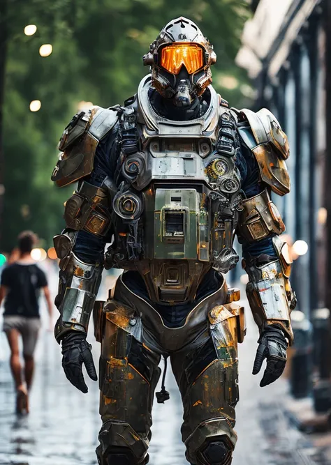 Portrait photo of transparent camo worn mech suit, ((light bokeh)), intricate, ((translucent) liquid water [rust]), elegant, sharp focus, photo by greg rutkowski, soft lighting, vibrant colors, masterpiece, ((streets)), detailed face