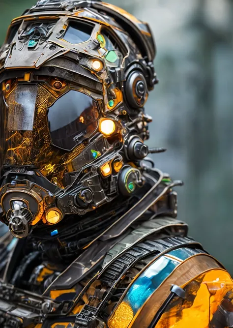 Portrait photo of transparent camo worn mech suit, ((light bokeh)), intricate, ((translucent) liquid water [rust]), elegant, sharp focus, photo by greg rutkowski, soft lighting, vibrant colors, masterpiece, ((streets)), detailed face