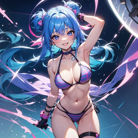 ;D, Smile,, Blue hair, breasts, Pink and purple gloves, blue strip bikini,nighttime scene、