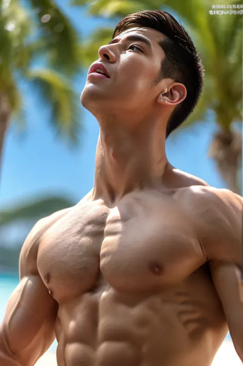 Masterpiece, Best Quality, Solo, Korean Men, bodybuilder, Muscular body, big muscle, Natural eyes, Short and delicate hair, Sexy Man, looking up at viewer, Mens Swimwear, Standing, Muscular posture