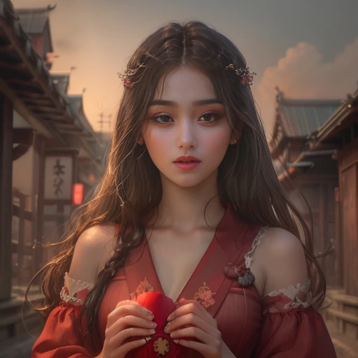 (masterpiece), best quality, expressive eyes, perfect face, big boobs, (japanese shrine maiden outfit), front view, mount fuji background, black long straight hair, brown eyes, ((holding a gohei))