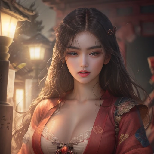 (masterpiece), best quality, expressive eyes, perfect face, big boobs, (japanese shrine maiden outfit), front view, mount fuji background, black long straight hair, brown eyes, ((holding a gohei))