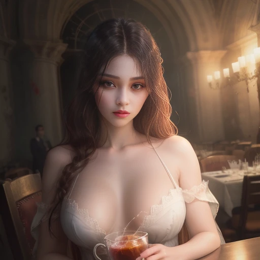 (masterpiece), best quality, expressive evil eyes, perfect face, vampire fangs, vampirir, noble, vampire queen, seductive, gothic top, show tits, show nippless, dark, blood drink, gothic, gothic cathedral at backround,