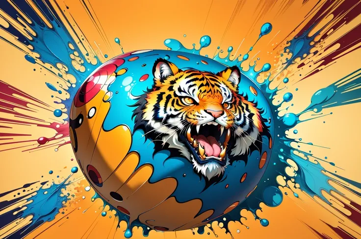 distorted face art of a vibrantly colored cartoon tiger candy in the form of a shield with brush TECHNIQUE and splash effects