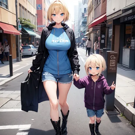 2D anime style、Blue eyes、Adults、Breasts are large、a cool、Blonde shorthair、Beautuful Women、shortpants、knit、jaket、boots、full bodyesbian、Will、date、Walking